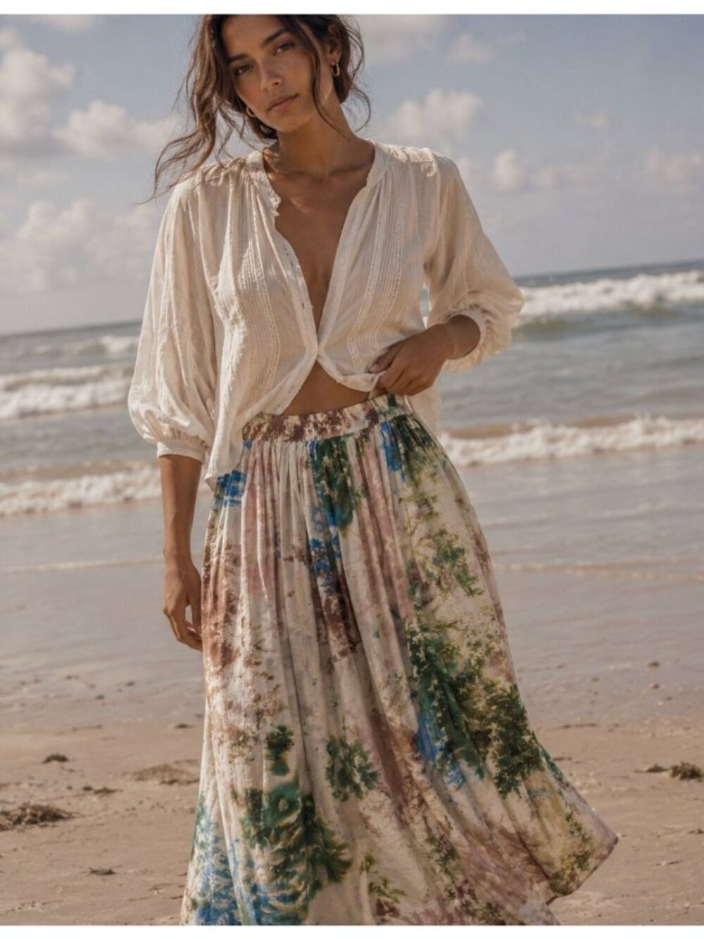 S/W/F Watercolor Maxi Shirt Size S Colorful Flowy Soft Boho Artsy Romantic Chic